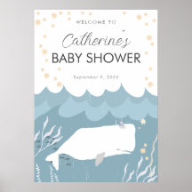 Pretty White Whale Baby Shower Sign Poster