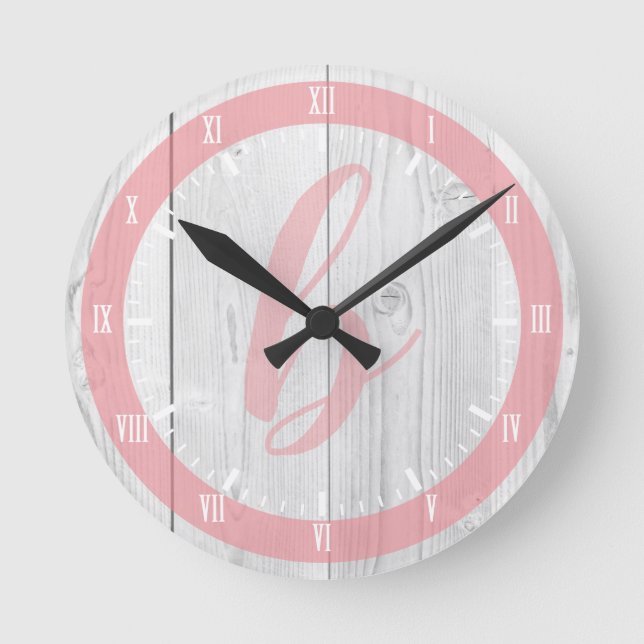 Pretty White Wood Print & Salmon Pink Monogram Round Clock (Front)