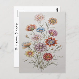 Pretty Wild Flower Bouquet Coloured Pencil Drawing Postcard