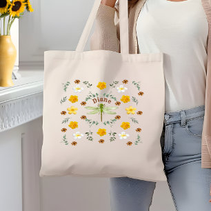 Pretty Wild Flowers Dragonfly in Gold with Name Tote Bag