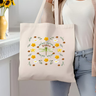 Pretty Wild Flowers Dragonfly in Gold with Name Tote Bag