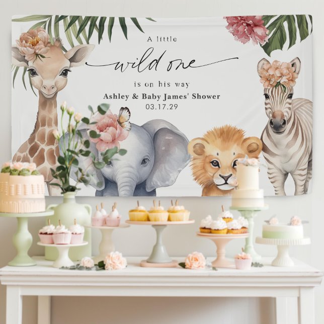 Pretty Wild One Cute Safari Animals Girl Backdrop Banner (Wild One Safari Animals Baby Girl Shower Party Backdrop decor.)