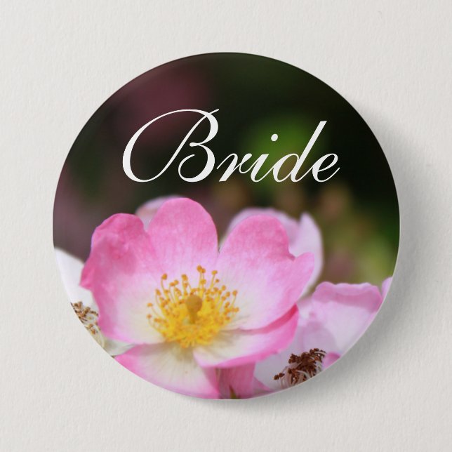 Pretty wild pink rose flower bride wedding button (Front)
