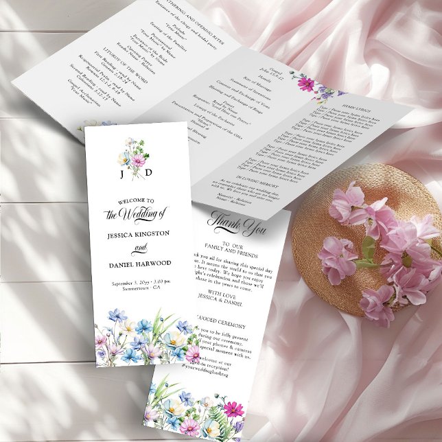 Pretty Wildflower Garden Wedding Ceremony Program (Trifold wedding program from the Wildflower Garden Wedding Collection by Darling & May)
