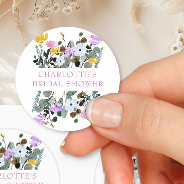 Pretty Wildflower Lawn Bridal Shower Classic Round Sticker (Bridal Shower sticker from my Wildflower Lawn Bridal Shower collection)