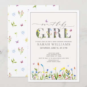 Pretty Wildflower Sweet Baby Girl Script Shower Invitation