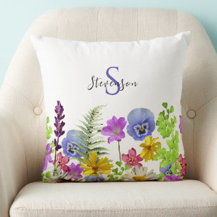 Pretty Wildflowers Custom Name and Monogram Cushion