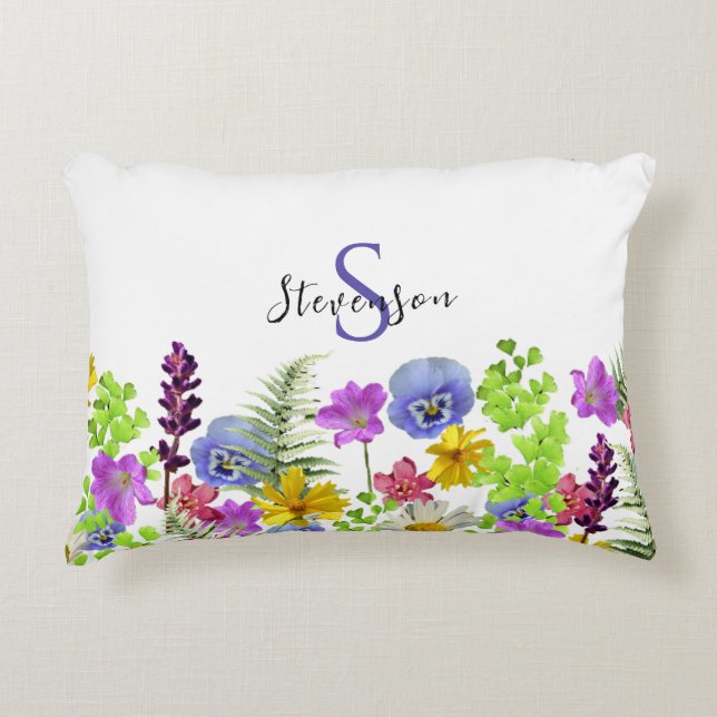 Pretty Wildflowers Custom Name and Monogram Decorative Cushion (Front)