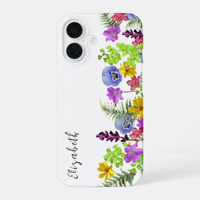 Pretty Wildflowers Custom Name and Monogram iPhone 16 Case (Back)