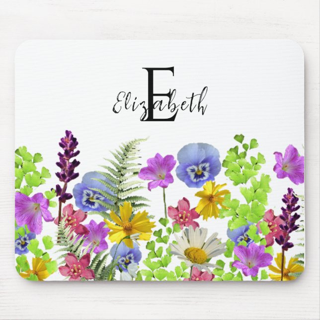 Pretty Wildflowers Custom Name and Monogram Mouse Mat (Front)