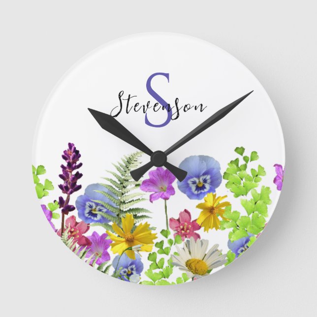 Pretty Wildflowers Custom Name and Monogram Round Clock (Front)