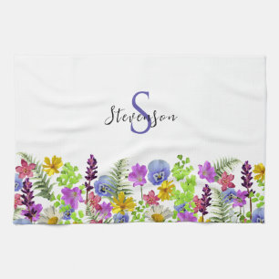 Pretty Wildflowers Custom Name and Monogram Tea Towel