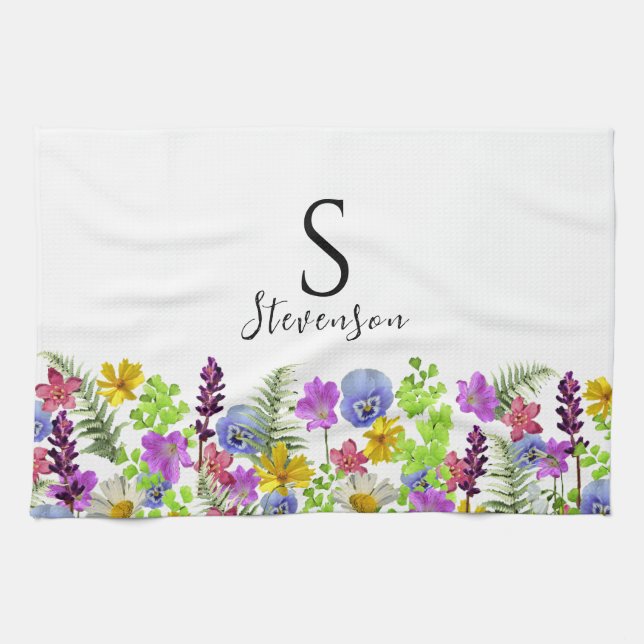 Pretty Wildflowers Custom Name and Monogram Tea Towel (Horizontal)
