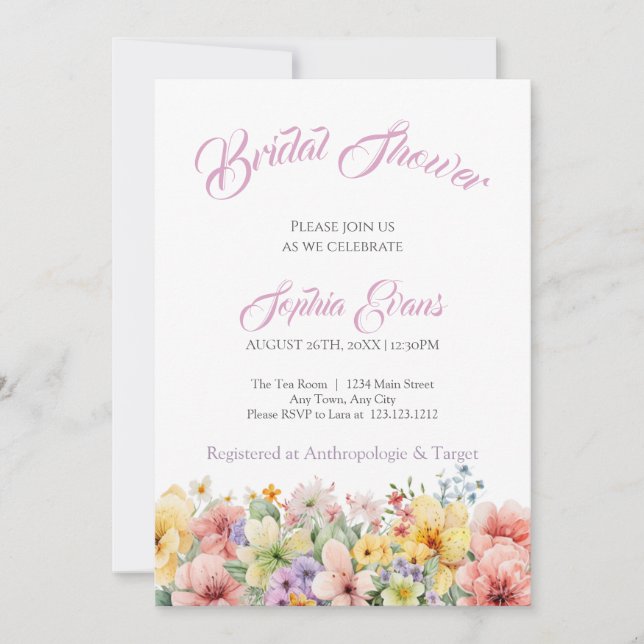 Pretty Wildflowers Garden White Bridal Shower Invitation (Front)