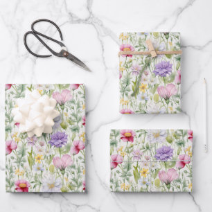 Pretty Wildflowers Pink, Purple, White, Yellow Wrapping Paper Sheet