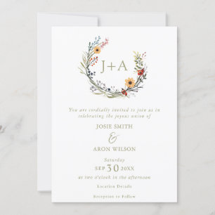 Pretty wildflowers wreath initials wedding invitation