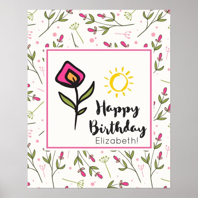 Pretty Wildlflowers and Sun Illustration Birthday Poster (Front)