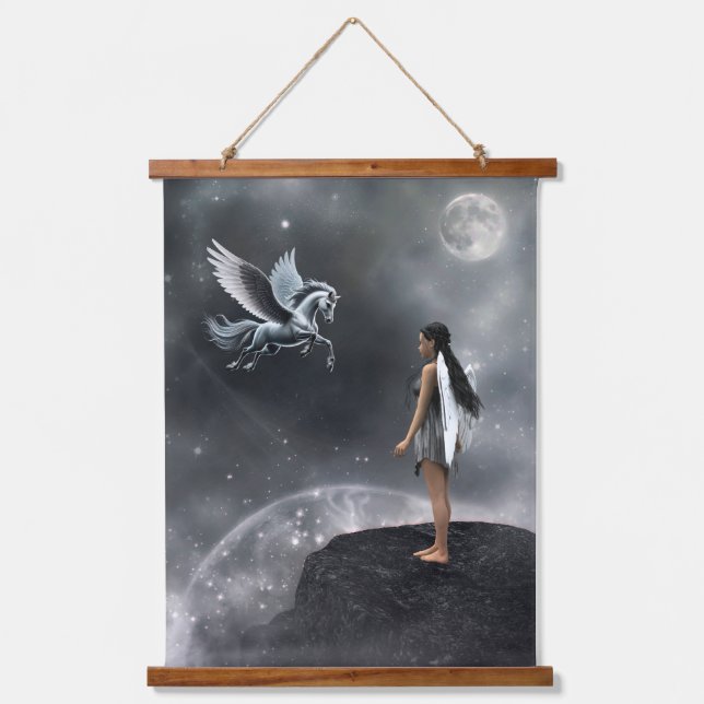 Pretty Winged Fairy and Flying Horse Hanging Tapestry (Front)