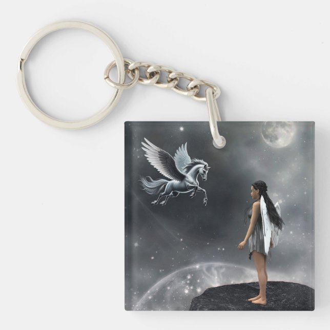 Pretty Winged Fairy and Flying Horse Key Ring (Front)