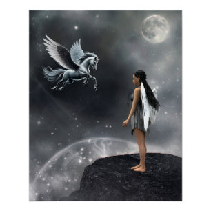 Pretty Winged Fairy and Flying Horse Poster