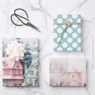 Pretty Winter Christmas cottages Aesthetic Decor Wrapping Paper Sheet