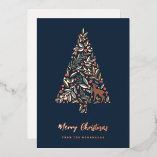 Pretty Winter Foliage Christmas Tree   Little Deer Foil Holiday Card