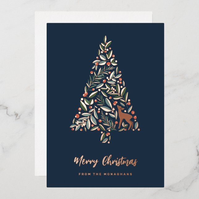 Pretty Winter Foliage Christmas Tree | Little Deer Foil Holiday Card (Front/Back)
