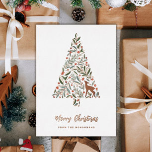 Pretty Winter Foliage Christmas Tree   Little Deer Foil Holiday Card
