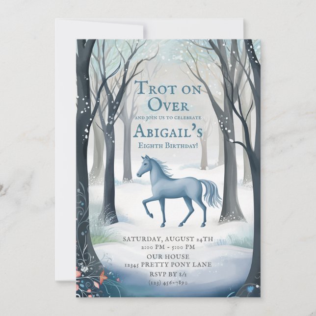 Pretty Winter Forest Horse Light Ice Blue Birthday Invitation (Front)