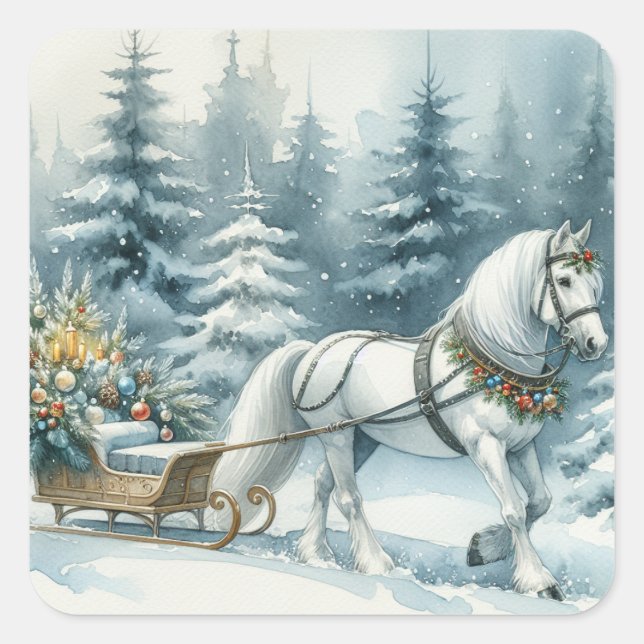 Pretty Winter Horse and a Christmas Sleigh Square Sticker (Front)