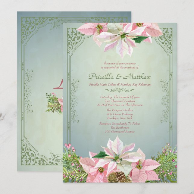 Pretty Winter Pine & Poinsettia, Floral Wedding Invitation (Front/Back)