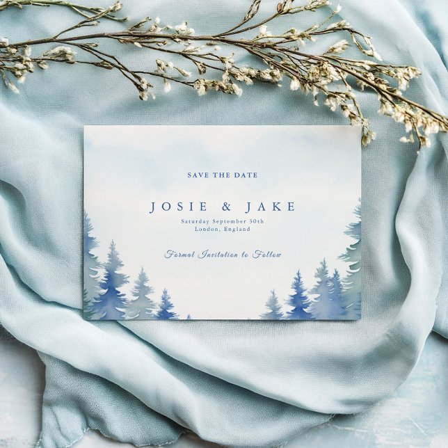 Pretty winter pine trees wedding save the date (Winter forest soft blue and green pine trees wedding save the date card)