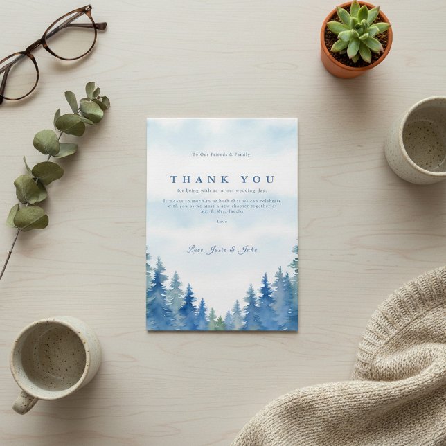 Pretty winter pine trees wedding table thank you card (Pretty winter pine trees wedding table thank you.)