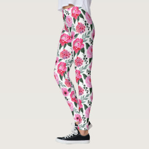 Pretty Winter Red Pink Floral Watercolor Pattern Leggings