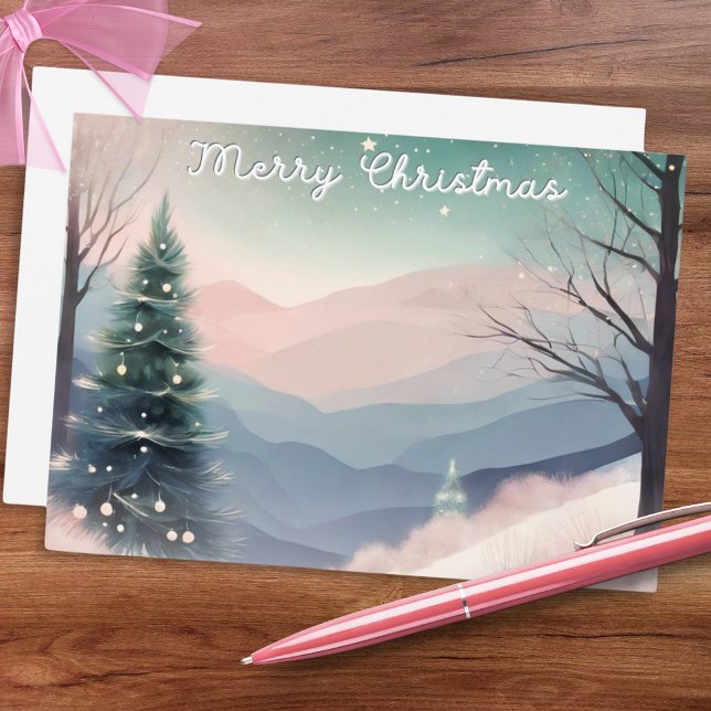 Pretty Winter Snow Landscape Merry Christmas Holiday Card (A pretty Christmas card with snow scene in a watercolor style, with pastel pink, green and gray)