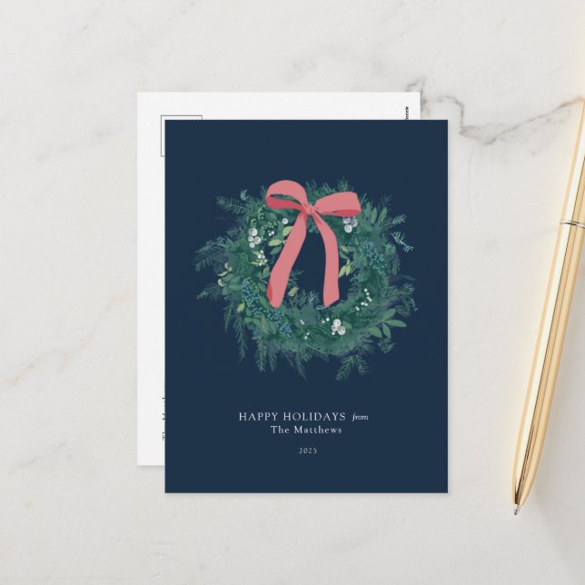 Pretty Winter Wreath Family Holiday Postcard (Front/Back In Situ)