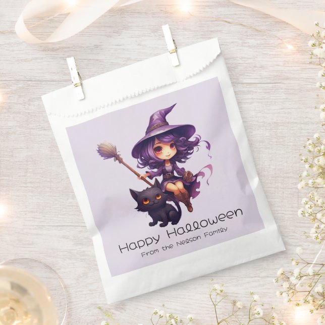 Pretty Witch and Black Cat Happy Halloween Favour Bags (Clipped)