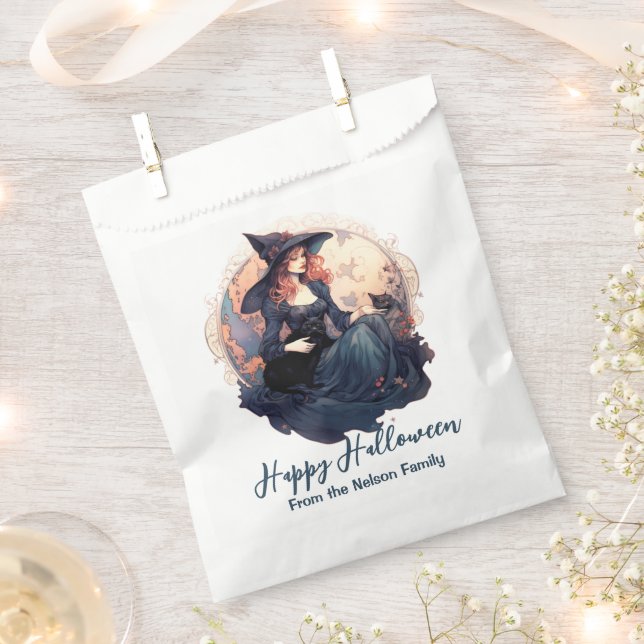 Pretty Witch and Cute Black Cat Happy Halloween Favour Bags (Clipped)