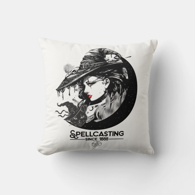 Pretty Witch & Black Cat Wiccan Wicca Spellcasting Cushion (Front)