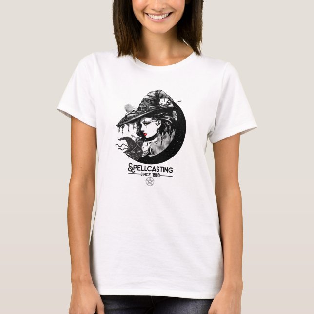 Pretty Witch & Black Cat Wiccan Wicca Spellcasting T-Shirt (Front)