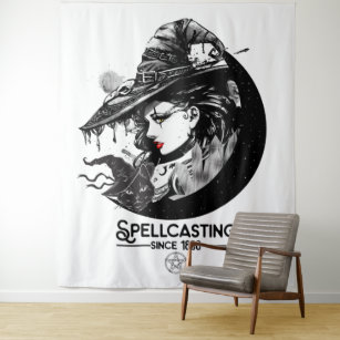 Pretty Witch & Black Cat Wiccan Wicca Spellcasting Tapestry