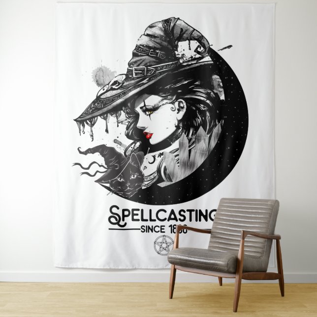 Pretty Witch & Black Cat Wiccan Wicca Spellcasting Tapestry (In Situ)