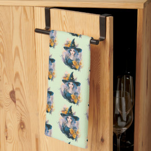 Pretty Witch Black Hat Stars Pattern Halloween Tea Towel