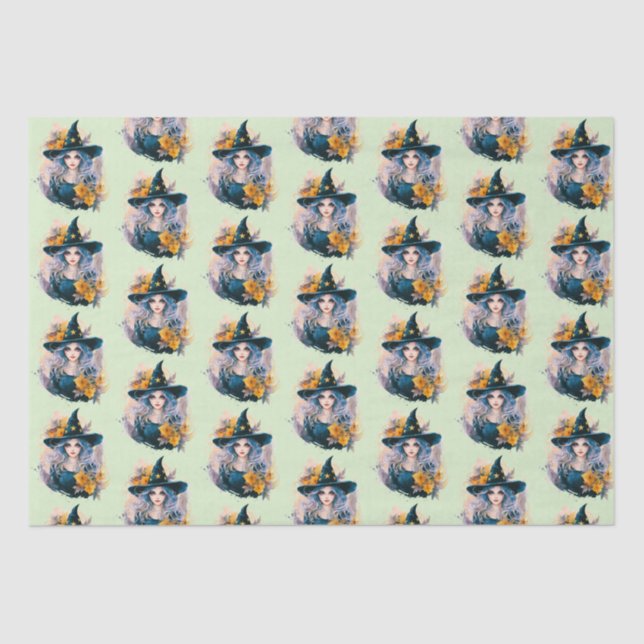 Pretty Witch Black Hat Stars Pattern Halloween Tissue Paper (Front)