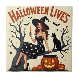 Pretty Witch Lady Drinking By The Tree Tile