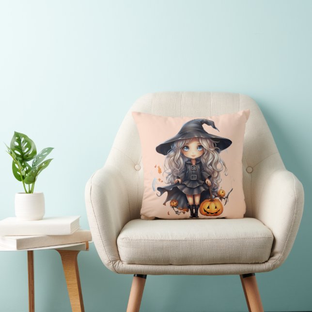 Pretty Witch with Blonde Hair Orange Halloween Cushion (Chair)