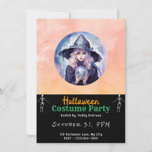 Pretty Witch with Crystal Ball Black Halloween Invitation