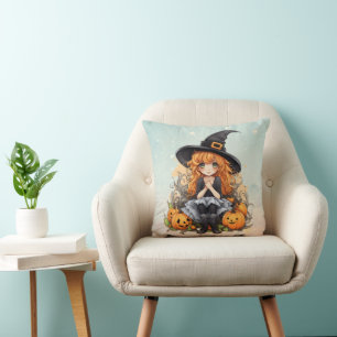 Pretty Witch with Red Curly Hair Blue Halloween Cushion