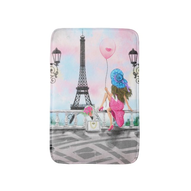 Pretty Woman and Pink Heart Balloon - I Love Paris Bath Mat (Front Vertical)