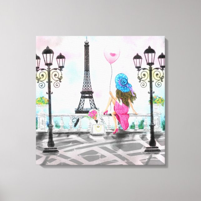 Pretty Woman and Pink Heart Balloon - I Love Paris Canvas Print (Front)